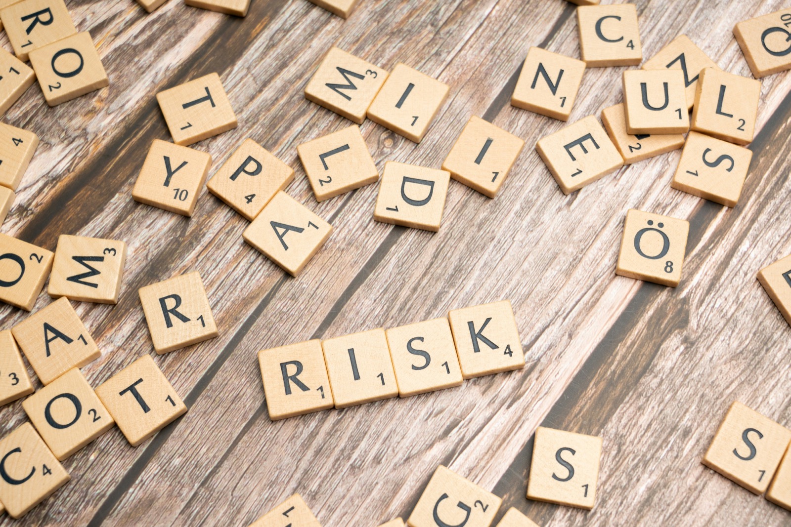 Risk and compliance letters on wooden tiles