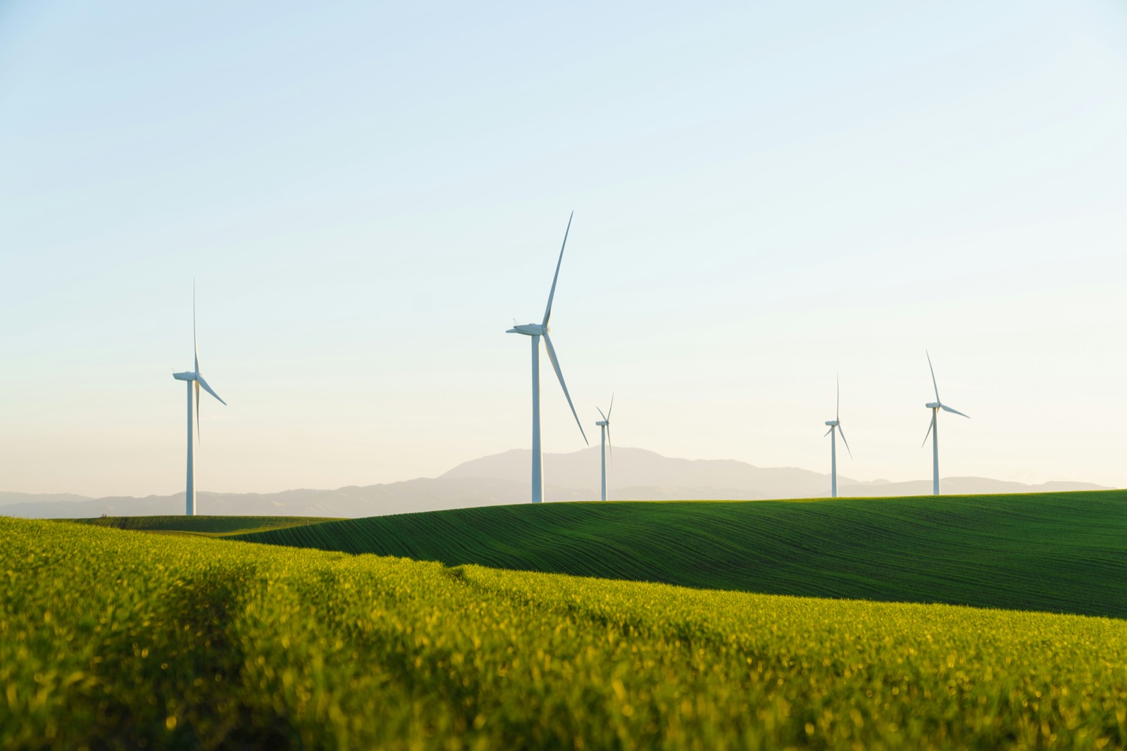 Wind turbines over green fields